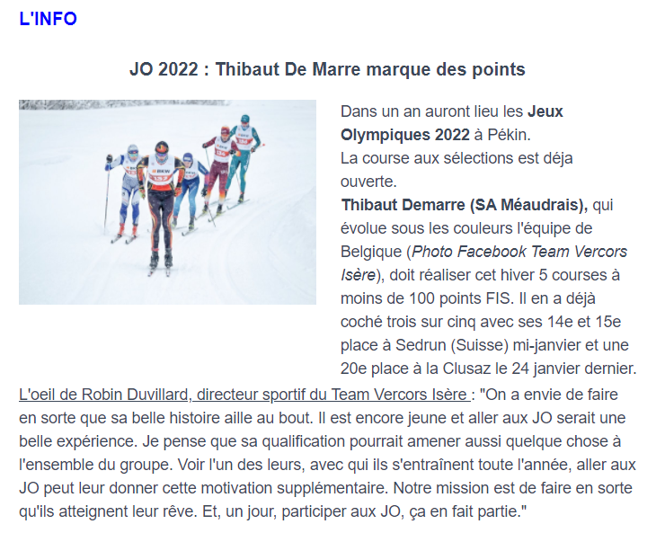 L’Info – Janvier 2021 |JO 2022: Thibaut De Marre marque des points