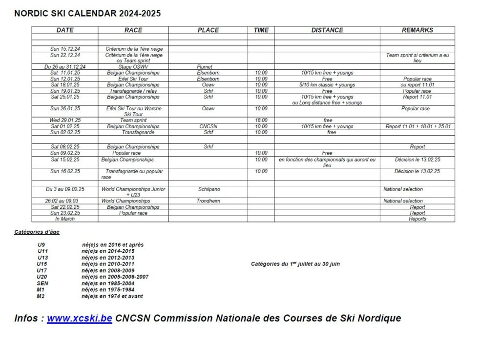 Calendar with all the competition dates XC skiing in Belgium